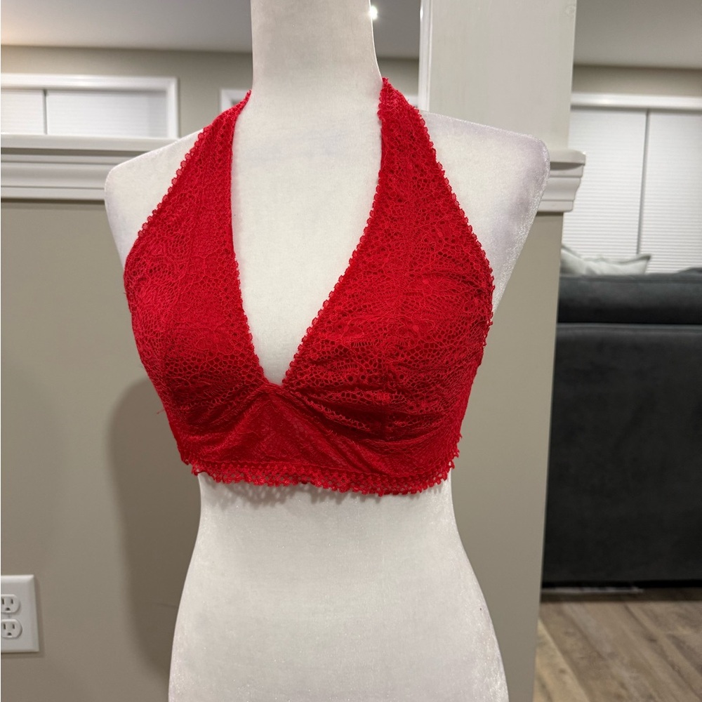 Red lace halter bralette